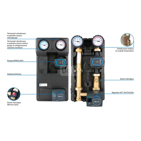 Grupa pompowa AFRISO PrimoTherm 180-2 AP DN 25 3-WM-R Vario GZ x GW 1 1/2'' x 1'', z zaworem mieszającym, z izolacją, z pompą obiegową AFRISO APH 361 25-7/180 mm