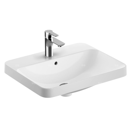 Umywalka GEBERIT Variform prostokątna, biała / KeraTect, 550mm, otwór na baterię na środku, wpuszczana w blat, z odpływem przelewowym, półka od ściany