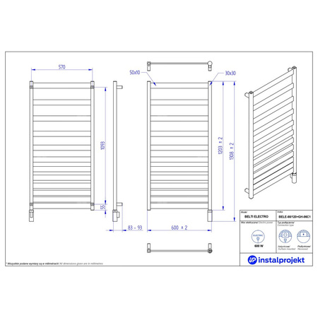 Grzejnik elektryczny (suszarka) INSTAL-PROJEKT BELTI ELECTRO, wym. 1203 (1308 z grzałką)/600 mm, kolor czarny mat, moc 600 W