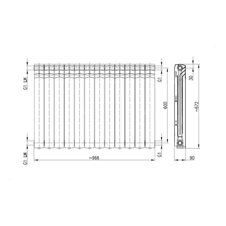 Grzejnik żeberkowy KFA Armatura G600F/12 aluminium, podłączenie boczne 672 x 966 mm, kolor czarny