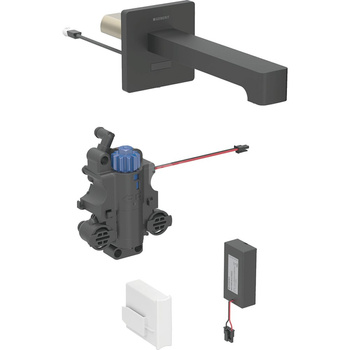 Bateria umywalkowa Geberit Brenta, ścienna, zasilanie bateryjne, do podtynkowej skrzynki funkcyjnej, z mieszaczem termostatycznym, L=22cm, czarny mat