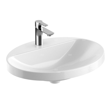 Umywalka GEBERIT Variform eliptyczna, biała / KeraTect, 600mm, otwór na baterię na środku, wpuszczana w blat, bez odpływu przelewowego, półka od ściany