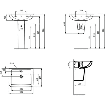 Umywalka IDEAL STANDARD EUROVIT prostokątna, biała, 600mm, otwór na baterię na środku, wiszący, bez odpływu przelewowego