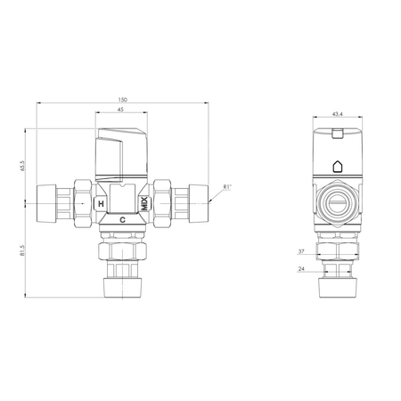 Zawór regulacyjny termostatyczny do wody ciepłej AFRISO ATM 561 ze śrubunkami mosiądz GZ 1'', DN 20, zakres temp. 20-43'C, Kvs 2.5 m3/h, maksymalna temperatura 90'C, maksymane ciśnienie 10 bar