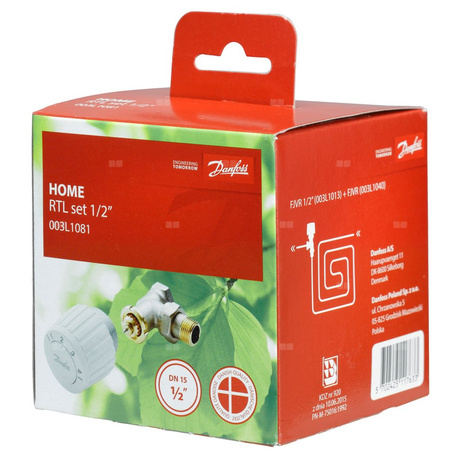 Zestaw RTL Danfoss (Zawór FJVR 15 kątowy + głowica FJVR 10-50 st.C biała)