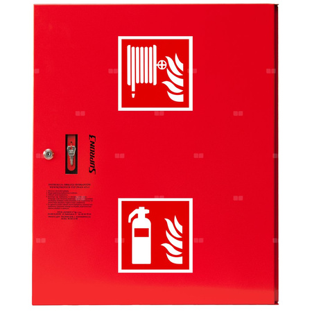 Hydrant DN52 zawieszany z koszem, 600x500x200mm, z miejscem na gaśnicę, wąż 15m, zamek patent, RAL 3000
