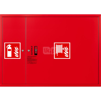 Hydrant DN 52 zawieszany z miejscem na gaśnice obok kosza, wąż 20 m, zamek patent, RAL 3000