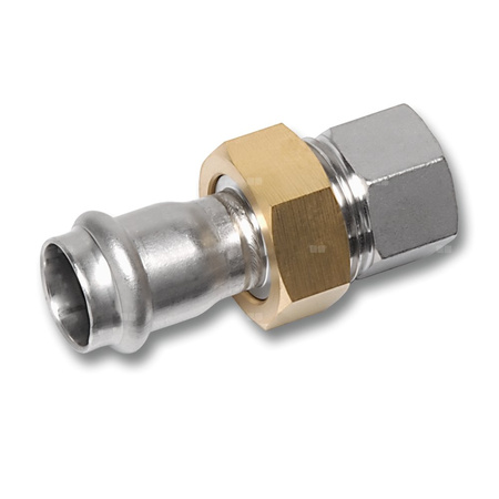 Śrubunek SANHA NiroSan Press z uszczelką i nakrętką z mosiądzu trzyczęściowy, stal nierdzewna, 15 mm x 3/4'' (zw x GW)