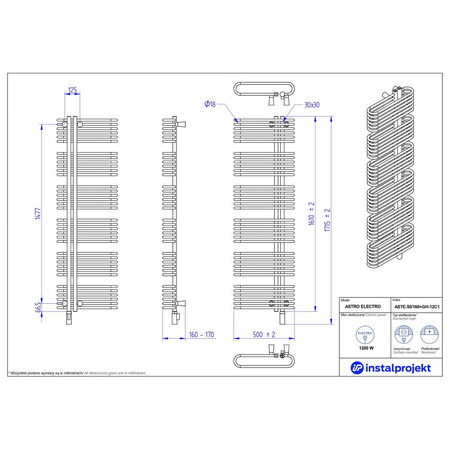 Grzejnik elektryczny (suszarka) INSTAL-PROJEKT Astro Electro, wym. 1610 (1715 z grzałką)/500 mm, kolor biały połysk, moc 1200 W