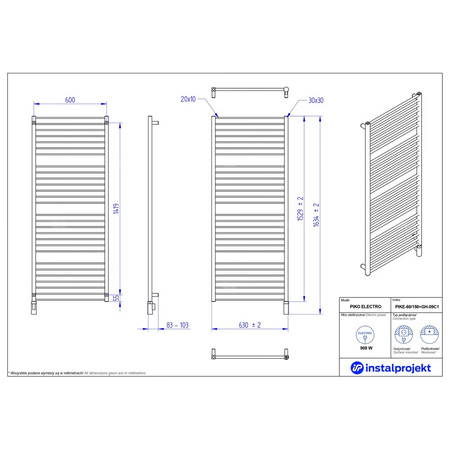 Grzejnik elektryczny (suszarka) INSTAL-PROJEKT Piko Electro, wym. 1529 (1634 z grzałką)/630 mm, kolor biały połysk, moc 900 W