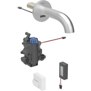Bateria umywalkowa Geberit Piave, ścienna, zasilanie bateryjne, do podtynkowej skrzynki funkcyjnej, z mieszaczem termostatycznym, L=22cm, dtal nierdzewna