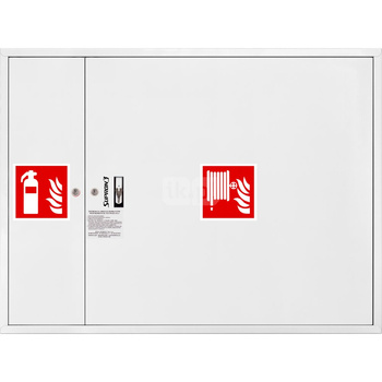 Hydrant DN 33 zawieszany z miejscem na gaśnicę obok zwijadła, wąż 20 m, ocynk fasada, zamek patent, RAL 9003