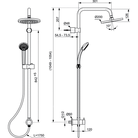 System prysznicowy natynkowy 200x474,5x1049 mm 11.0 l/min (3 bary) - IDEALRAIN