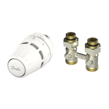 Zestaw termostatyczny kątowy składający się z cieczowej głowicy Regus™ M30 oraz zaworu RLV-KB do grzejników dolnozasilanych.