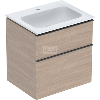 Zestaw umywalki meblowej Geberit iCon slim rim, z szafką pod umywalkę, z dwoma szufladami i zestawem odpływowo-przelewowym do umywalki: B=60cm, Umywalka: biały /KeraTect, Korpus i front: dąb / melaminowa struktura drewna, Uchwyt: lava / malowany proszkowo