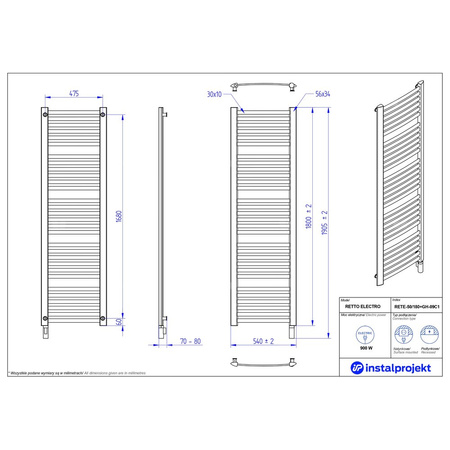Grzejnik elektryczny (suszarka) INSTAL-PROJEKT Retto Electro, wym. 1800 (1905 z grzałką)/540 mm, kolor biały połysk, moc 900 W