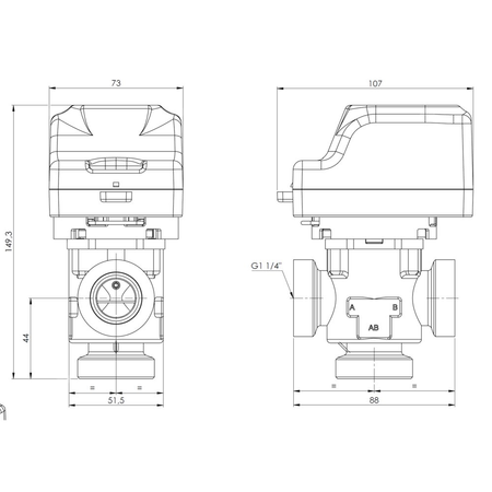 3-drogowy zawór strefowy AZV 844, DN25, G1 1/4", Kvs 11, 230 V AC, AB-B