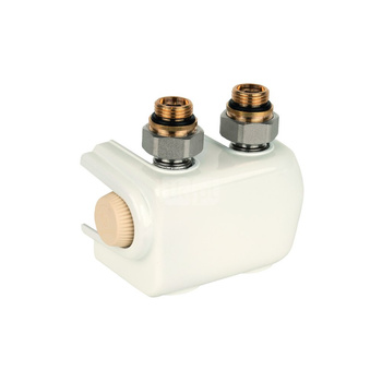 Zawór podwójny Therafix Uniwersal z zespolonym zaworem termostatycznym z wkładką SX, przyłącze grzejnika 3/4" gza., uszczelnienie płaskie, w zestawie nypel redukcyjny na 1/2" oraz osłona ozdobna: biała, instalacja 1-rurowa