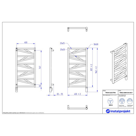 Grzejnik elektryczny (suszarka) INSTAL-PROJEKT Trick Electro, wym. 857 (962 z grzałką)/430 mm, kolor biały połysk, moc 300 W