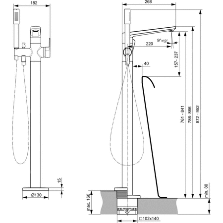 Bateria wannowo-natryskowa stojąca na podłodze 182x268x872 mm, wymagany zestaw 1 (A6133) 21.0 l/min (3 bar) - TONIC II