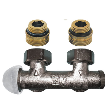Zestaw przyłączeniowy grzejnikowy dwururowy HERZ TS-3000 (3799) lewy 1/2'' x 3/4'', rozstaw 50 mm, zawór kątowy przystosowany termostatycznie