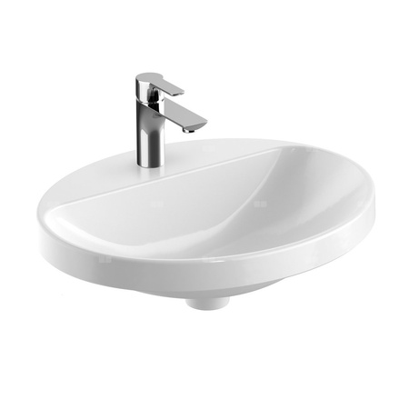 Umywalka GEBERIT Variform eliptyczna, biała, 550mm, otwór na baterię na środku, wpuszczana w blat, bez odpływu przelewowego, półka od ściany