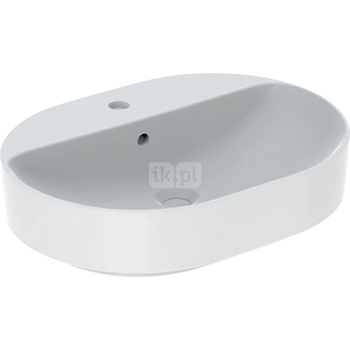 Umywalka GEBERIT Variform eliptyczna, biała / KeraTect, 600mm, otwór na baterię na środku, stawiana na blat, z odpływem przelewowym, półka od ściany