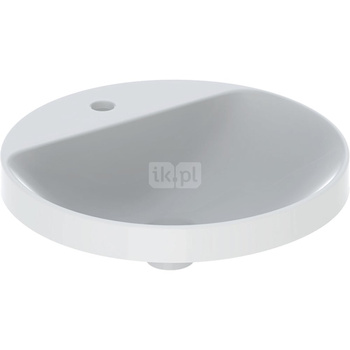 Umywalka GEBERIT Variform okrągła, biała, 480mm, otwór na baterię na środku, wpuszczana w blat, bez odpływu przelewowego, półka od ściany