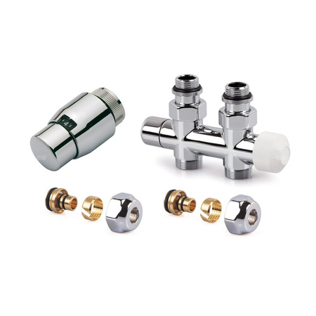 Zestaw CHROM do grzejników dolnozasilanych: głowica Thera-200 (chroma/chrom) T4221, zawór podwójny, prosty, V2882DSL15A + 2x złączka do rur wielowarstwowych FEM24M16X2