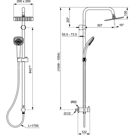 System prysznicowy natynkowy 200x480,5x1049 mm 12.0 l/min (3 bary) - IDEALRAIN