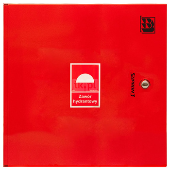 Dwa zawory hydrantowe typ ZH-52 wraz z obudową. Szafka ochronna 550. Szafka zawieszana, Znak B, zamek OTS, kolor RAL 3000