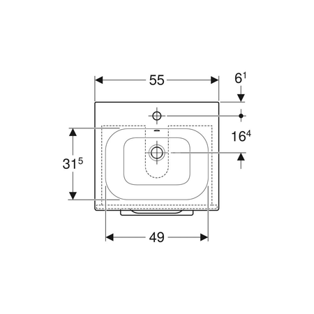 Umywalka GEBERIT Selnova Square prostokątna, biała, 550mm, otwór na baterię na środku, nakładany od góry, z odpływem przelewowym, półka od ściany