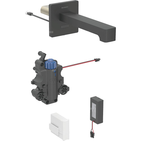 Bateria umywalkowa Geberit Brenta, ścienna, zasilanie bateryjne, do podtynkowej skrzynki funkcyjnej, z mieszaczem termostatycznym, L=22cm, czarny mat