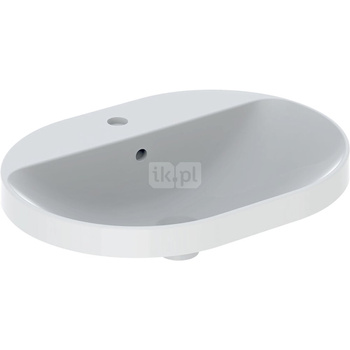 Umywalka GEBERIT Variform eliptyczna, biała, 600mm, otwór na baterię na środku, wpuszczana w blat, z odpływem przelewowym, półka od ściany