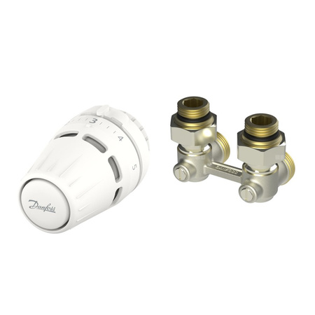 Zestaw termostatyczny kątowy składający się z cieczowej głowicy Regus™ RA oraz zaworu RLV-KB do grzejników dolnozasilanych.