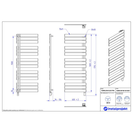 Grzejnik elektryczny (suszarka) INSTAL-PROJEKT Nameless Electro, wym. 1610 (1715 z grzałką)/600 mm, kolor czarny mat,  moc 600 W