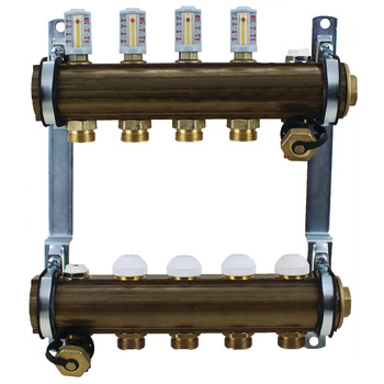 Rozdzielacz do ogrzewania podłogowego HERZ 16-obieg. mosiądz GW 1'' x GZ 3/4'' + przepływomierz + zawór napełn/spust + odpowietrznik