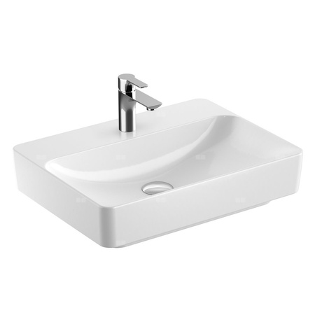 Umywalka GEBERIT Variform prostokątna, biała, 600mm, otwór na baterię na środku, stawiana na blat, bez odpływu przelewowego, półka od ściany