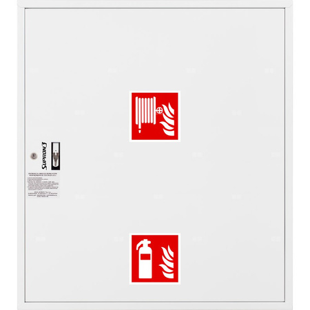 Hydrant DN 33 zawieszany z miejscem na gaśnice pod zwijadłem, wąż 30 m, ocynk fasada, zamek patent, RAL 9003