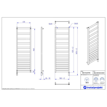 Grzejnik elektryczny (suszarka) INSTAL-PROJEKT BELTI ELECTRO, wym. 1573 (1678 z grzałką)/500 mm, kolor czarny mat, moc 600 W