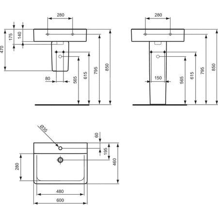 Umywalka 600x460x175 mm, 1 otwór na baterię, bez przelewu - CONNECT