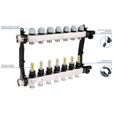 Rozdzielacz do ogrzewania podłogowego AFRISO ProCalida VA 1C 7-obieg. stal nierdzewna GZ 1'' x euroconus 3/4''