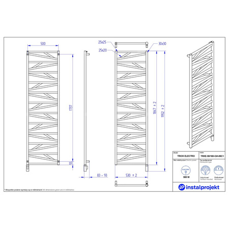 Grzejnik elektryczny (suszarka) INSTAL-PROJEKT Trick Electro, wym. 1847 (1952 z grzałką)/530 mm, kolor biały mat, moc 900 W