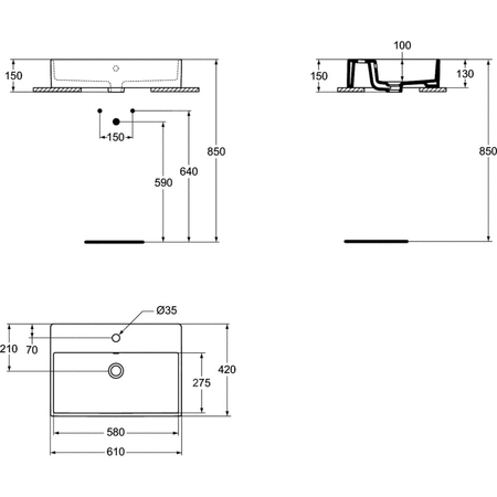 Zbiornik 600x420x145 mm Spód szlifowany, 1 otwór na baterię, z przelewem - STRADA