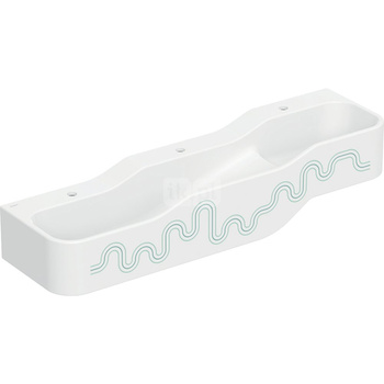 Umywalka GEBERIT Bambini 3-stanowiskowa prostokątna (rynna, elementy dekoracyjne), biała, 1400mm, otwór na baterię na środku (x3), bez odpływu przelewowego, półka od ściany