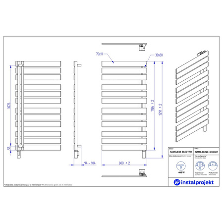 Grzejnik elektryczny (suszarka) INSTAL-PROJEKT Nameless Electro, wym. 1186 (1291 z grzałką)/600 mm, kolor czarny mat,  moc 600 W