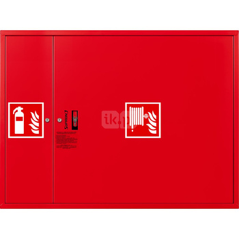 Hydrant DN 25 FIT zawieszany z miejscem na gaśnicę obok zwijadła, wąż 20 m, zamek patent, RAL 3000