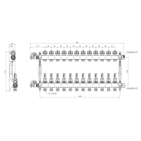 Rozdzielacz do ogrzewania podłogowego AFRISO ProCalida VA 1C 12-obieg. stal nierdzewna GZ 1'' x euroconus 3/4''