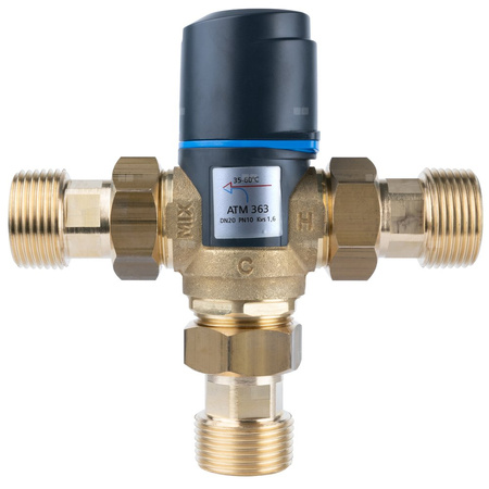 Zawór regulacyjny termostatyczny do wody ciepłej AFRISO ATM 363 ze śrubunkami mosiądz GZ 1'', DN 20, zakres temp. 35-60'C, Kvs 1.6 m3/h, maksymalna temperatura 90'C, maksymane ciśnienie 10 bar