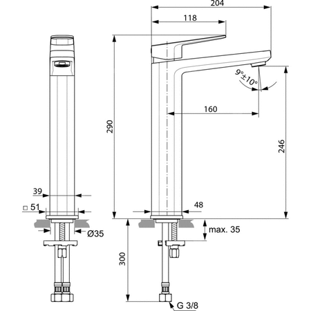 Bateria umywalkowa 51x205,5x290 mm, wylewka 160 mm 5 l/min (3 bary), bez korka spustowego - TONIC II